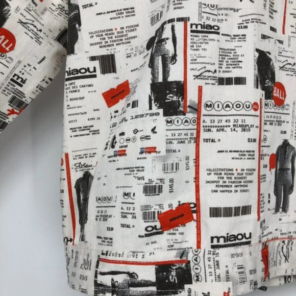 Miaou White Red Newsprint Denim cropped Jacket button front Lottery Ticket Multi - Picture 14 of 16